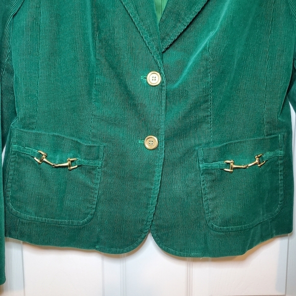 Talbots Corduroy Velvet Blazer Jacket Size 10P Emerald Green Gold Tone Horsebit - Picture 4 of 7